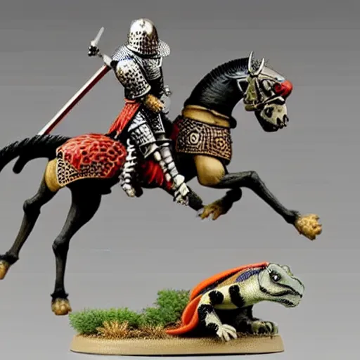 Image similar to A medieval knight riding on a giant two legged leopard gecko, highly detailed, painted wargaming miniature