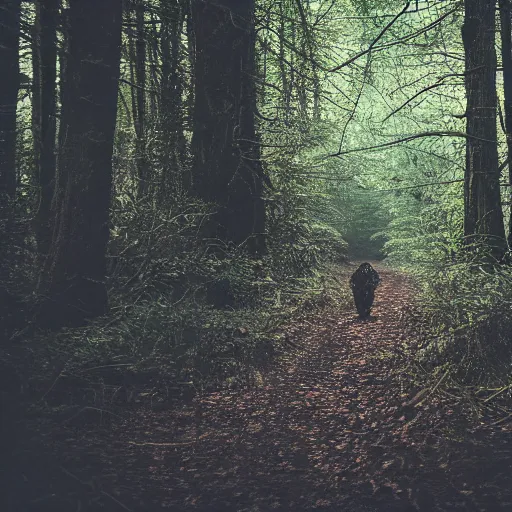 Image similar to photograph of a spooky scary skeleton walking through the forest