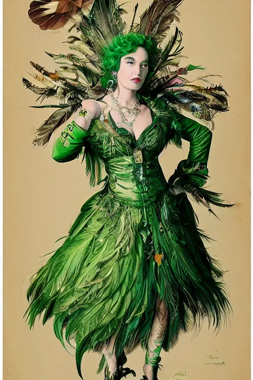 Prompt: a full body portrait of a baroque steampunk gorgeous green haired queen of birds with a tattered dress and glasses, with feather decoration and floral growths, epic details by alex ross