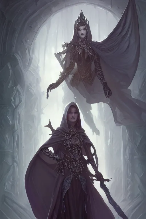 Prompt: beautiful necromancer, full body shot, hood, d & d, fantasy, intricate, elegant, highly detailed, digital painting, artstation, concept art, matte, sharp focus, illustration, hearthstone, art by artgerm and greg rutkowski and alphonse mucha, made with charcoal