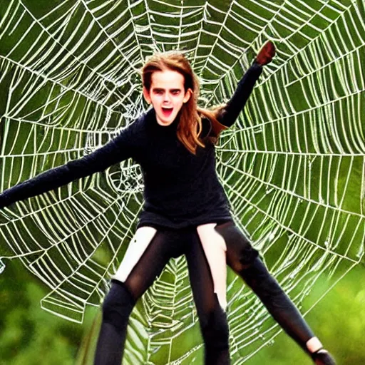 Prompt: afraid emma watson stuck and trapped in a giant spider web