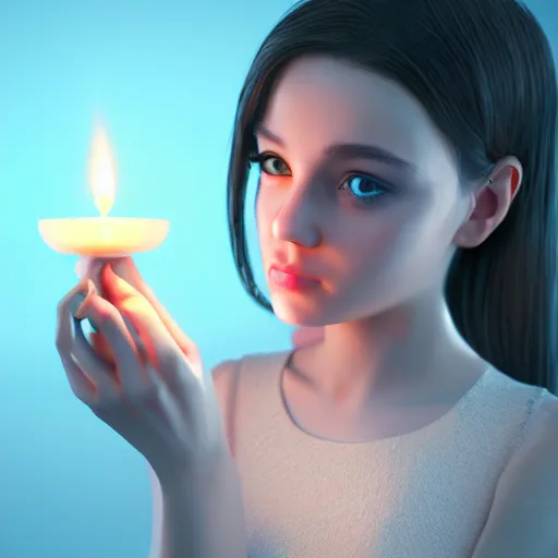 Image similar to A cute feminine girl holding a glowing candle, fragile, soft, vray,Unreal engine 5, hyperdetailed, 3d character, game character