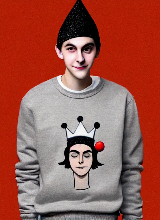 Image similar to portrait of teenage jughead jones wearing a light grey crown, photorealistic, crown, sweater with letter s on it, hamburger, eyes closed, crown, black hair, intricate, elegant, glowing lights, highly detailed, digital painting, artstation, concept art, smooth, sharp focus, illustration, art by wlop, mars ravelo and greg rutkowski