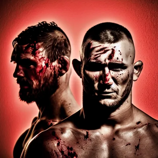 Image similar to portrait of snarling UFC fighters, bloodied and bruised, desert background,