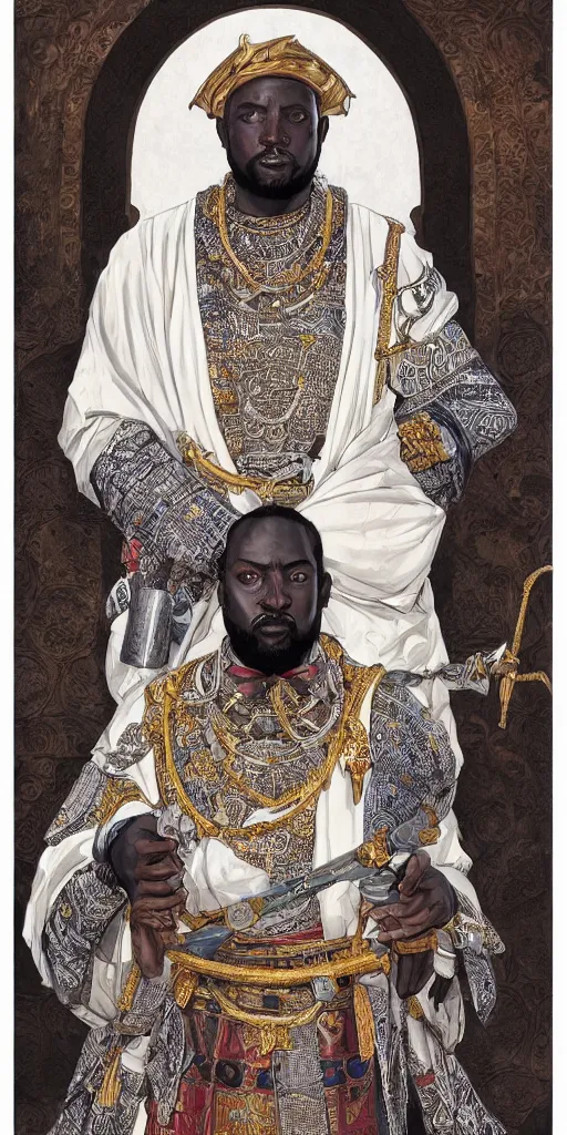 Prompt: a stunning and noble highly detailed romantic period style portrait of mansa musa by josep tapiro baro, by james jean, by kim jung gi, trending on artstation, oil painting masterpiece, symmetry, mysterious, very very very aesthetic, african iconography