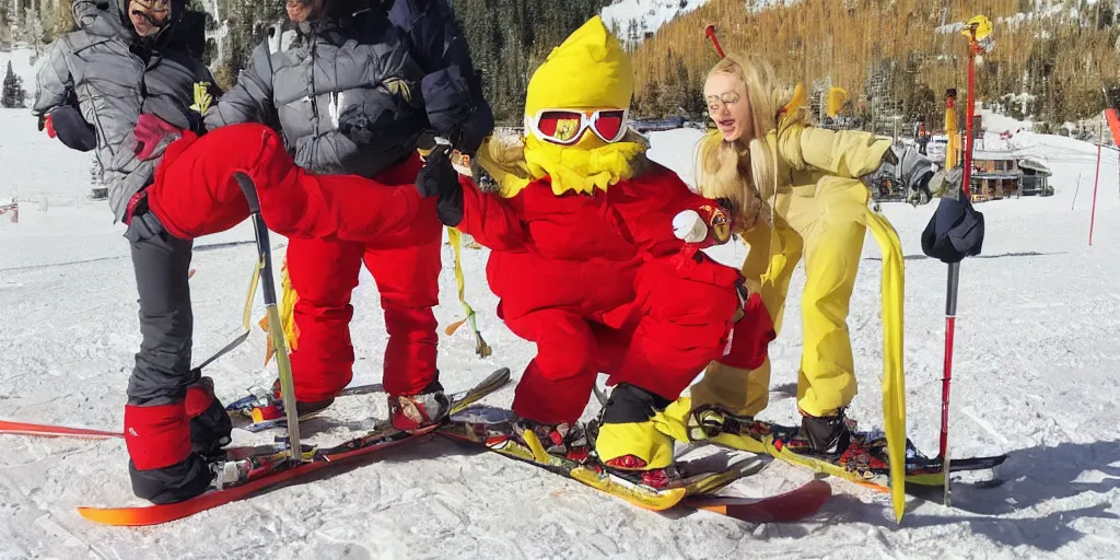 Prompt: sexy ned flanders!!!!!!!!!!!! is skiing on the slopes with a red snowsuit on ( ( ( matt groening cartoon! ) ) )