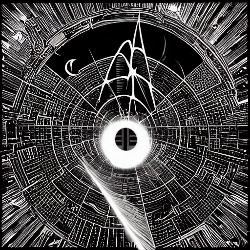 Prompt: tattoo png logo of black hole rising above city, city destroyed by shockwave, black hole with accretion disс, digital art, vector logo, sticker, black and white, art by brock hofer, marc simonetti, zdzisław beksinski, wayne barlow