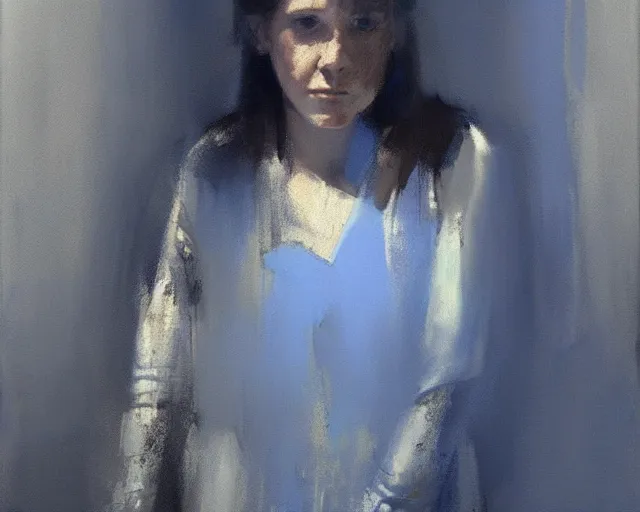 Image similar to portrait of young leia young carrie fisher 1 9 7 7 in shades of grey but with blue by jeremy mann