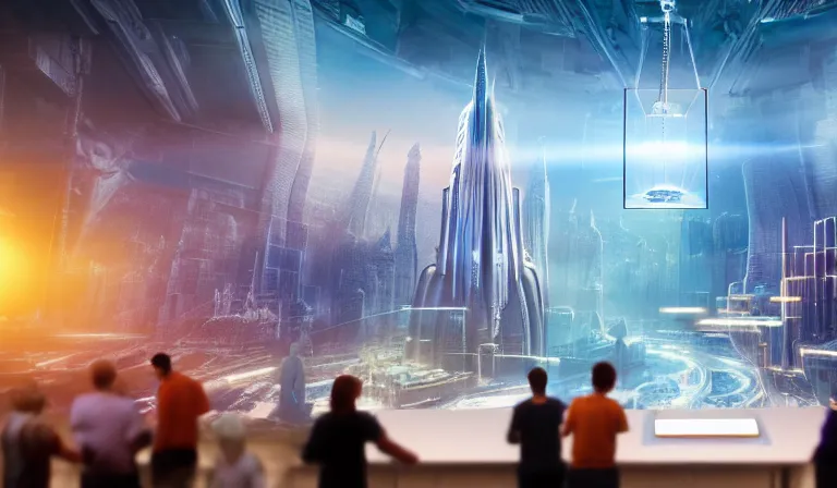Image similar to crowd of people in large open museum, looking at hologram of futuristic city on a table, cinematic concept art, godrays, golden hour, natural sunlight, 4 k, clear details, tabletop model buildings, center model buildings, hologram center, crane shot, interior panorama