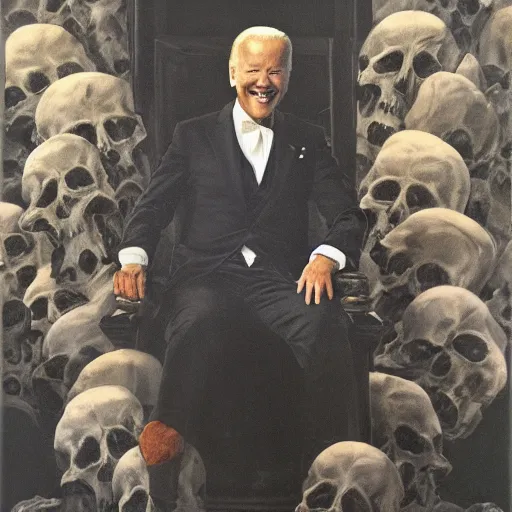 Prompt: Joe Biden sitting on his throne of skulls and smiling, oil on canvas, 1883