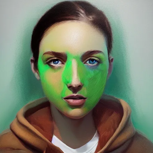 Prompt: woman with freckles, short brown hair, green eyes, wearing a grey hooded sweatshirt, trending on artstation, oil painting, volumetric light