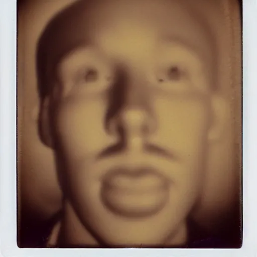 Image similar to a man with slightly distorted facial features, creepy, unsettling, uncanny valley!!!, old polaroid, expired film,