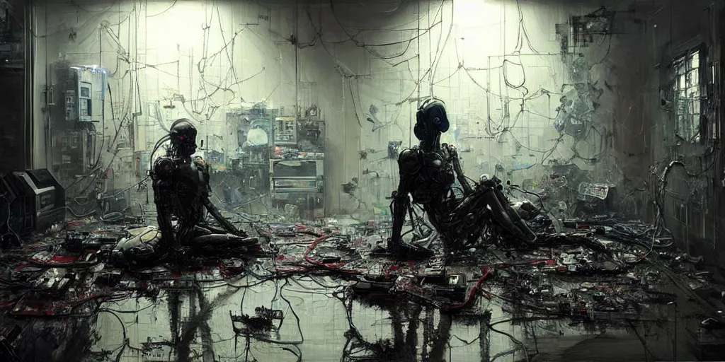 Prompt: a cyborg sitting on the floor, inside an old apartment, cybernetic parts and wires scattered across the floor, dystopian aesthetics, detailed oil painting, misty, ethereal, dramatic lighting, ominous, by craig mullins and ruan jia and jeremy mann