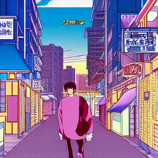 Image similar to man walking streets of quarter latin, sprite, vaporwave nostalgia, directed by beat takeshi, visual novel cg, 8 0 s anime vibe, kimagure orange road, maison ikkoku, sketch by osamu tezuka, directed by makoto shinkai and beat takeshi