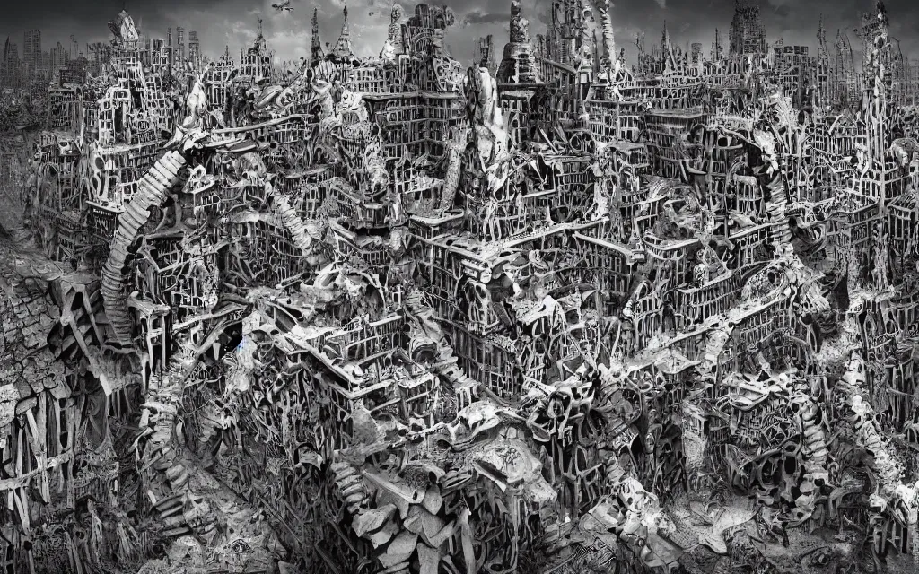 Image similar to A city constructed entirely from bone, bone city, jagged architecture, digital art