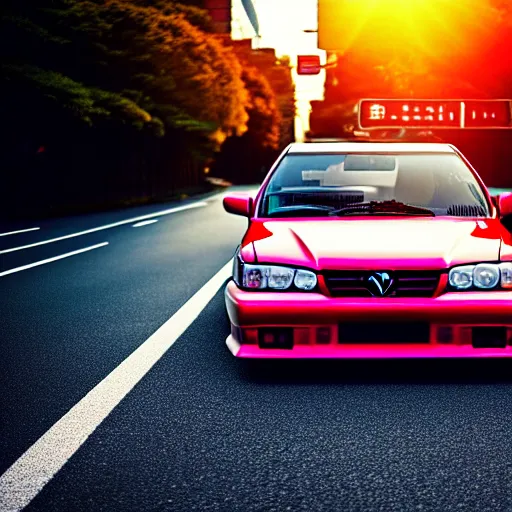 Prompt: a car Toyota JZX100 in middle of road, saitama prefecture, city sunset, cinematic color, photorealistic, highly detailed, bokeh