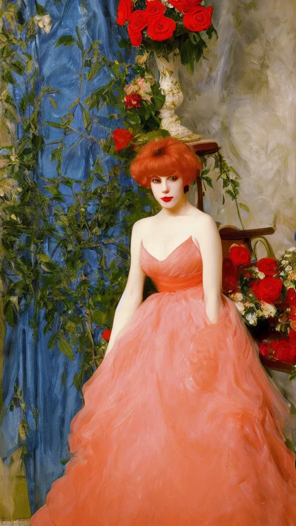 Image similar to portrait of young julee cruise in detailed golden sleeve balloon dress beside a pot of red roses, a persian blue detailed curtain in back painted by john singer sargent