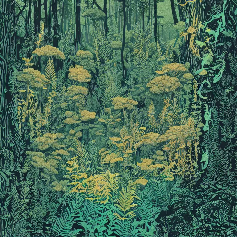 Image similar to linocut print of fantasy forest, amazing art, fern, highly detailed, color, masterpiece, by victo ngai, craig mullins