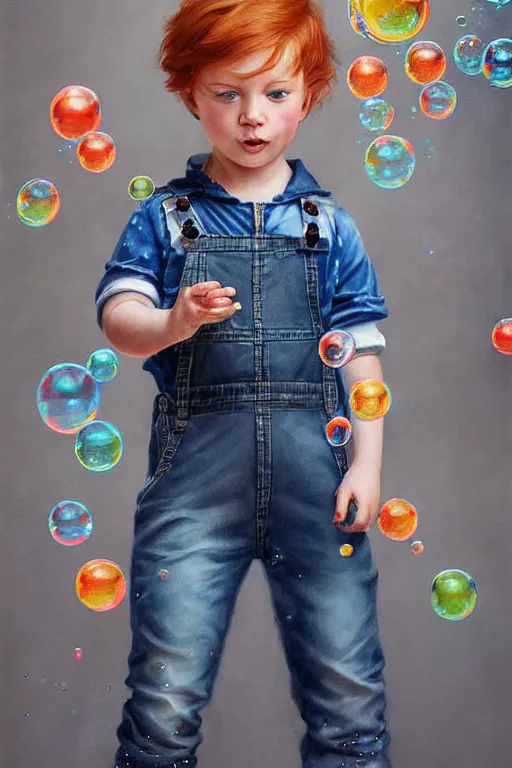 Image similar to a little boy with ginger hair wearing denim overalls chasing bubbles. clean elegant painting, beautiful detailed face, lots of bubbles. by artgerm and greg rutkowski