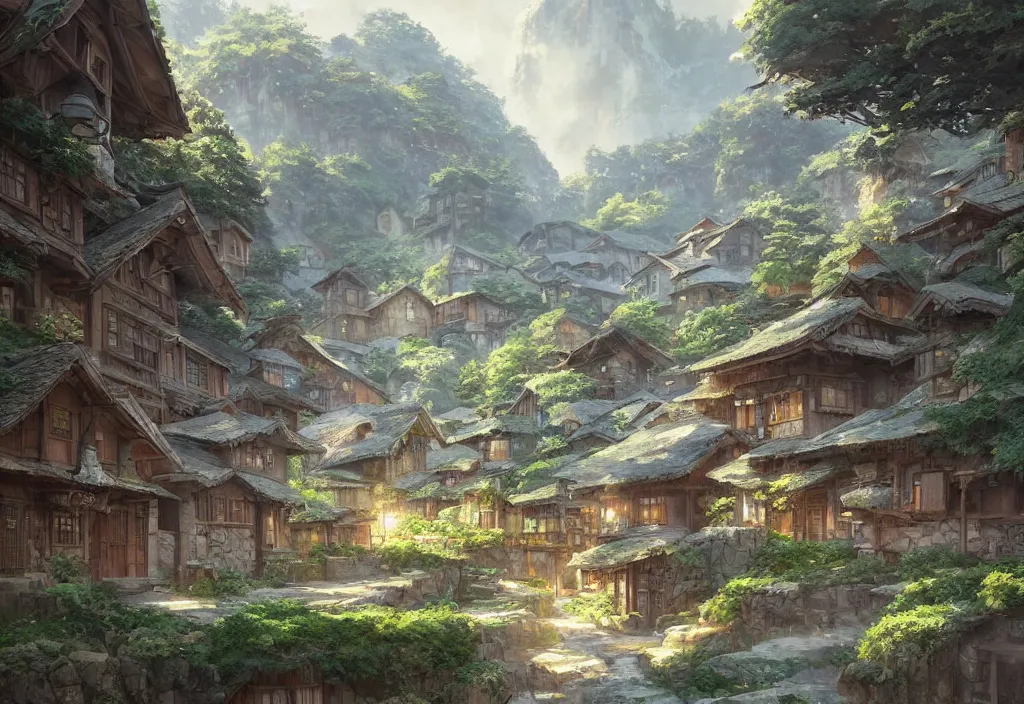 Prompt: concept art painting of a cozy village in a mountainous fantasy forested valley, historic european and japanese architecture, realistic, detailed, cel shaded, in the style of makoto shinkai and greg rutkowski and james gurney