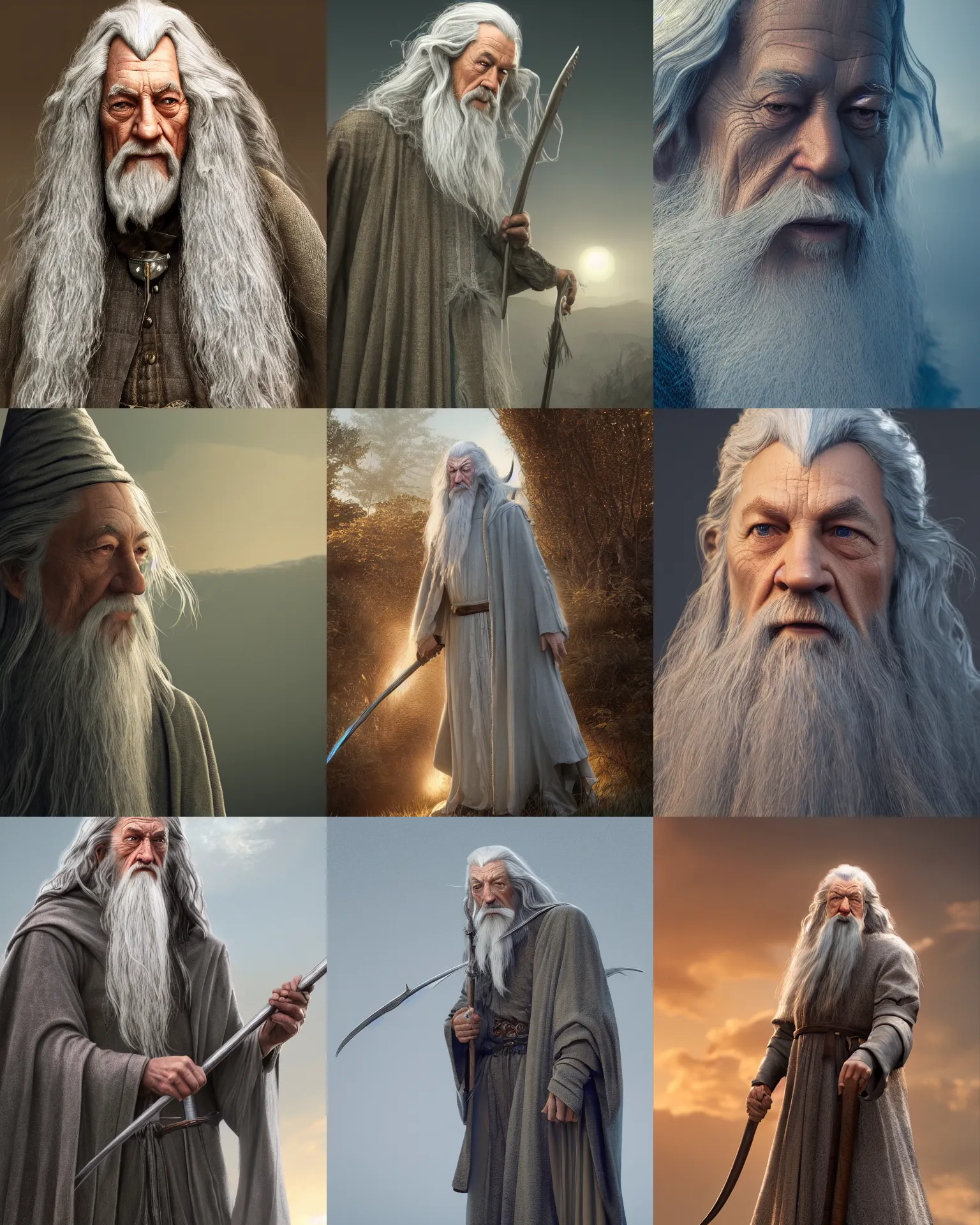 Prompt: Gandalf the Grey Wizard at golden hour by Alan Lee, full body concept art, intricate clothing, micro detail, octane render, 4K, art station