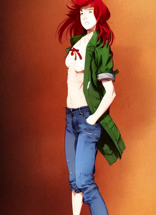 Prompt: full-body shot of an attractive tomboy girl with long, crimson red hair and red eyes, wearing a brown, open jacket and green jeans with a stern look, concept art, character design, by WLOP, by Ross Draws, by Tomine, by Satoshi Kon, by Rolf Armstrong, by Peter Andrew Jones