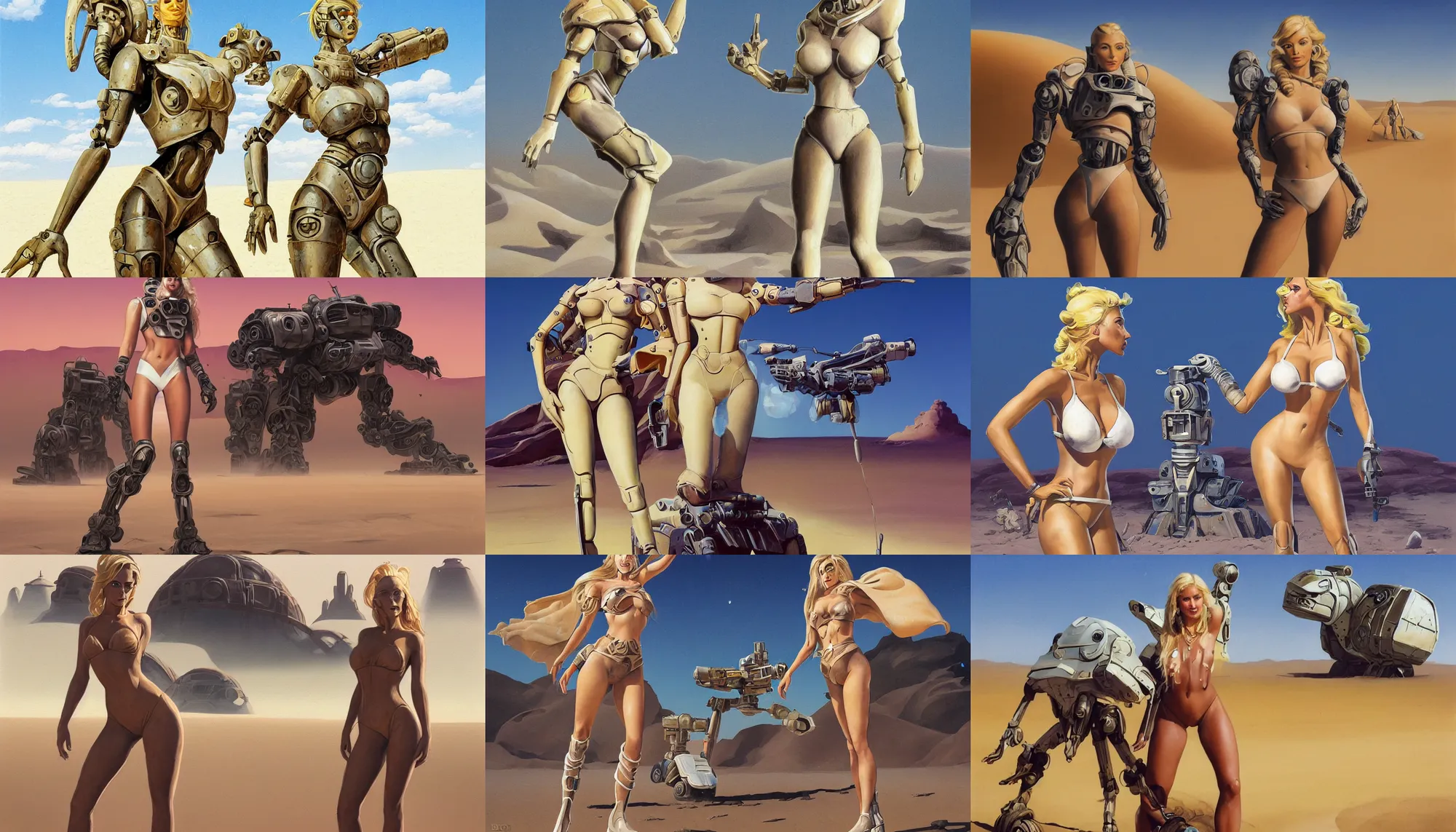 Prompt: A mixed media portrait painting of a beautiful blonde woman in the sand on a desert alien planet, discarded mech in background, very curvy, aesthetic! high-waisted white-bikini-armor and boots, aesthetic symmetrical face and eyes, model, Scandinavian, by Boris Vallejo, Beeple, Frank Frazetta, Greg Rutkowski, Christian MacNevin, Alphonse Mucha, epic fantasy character art, high fantasy, CGsociety, 60's Sci-fi Pinup style, exquisite detail, post-processing, masterpiece, cinematic