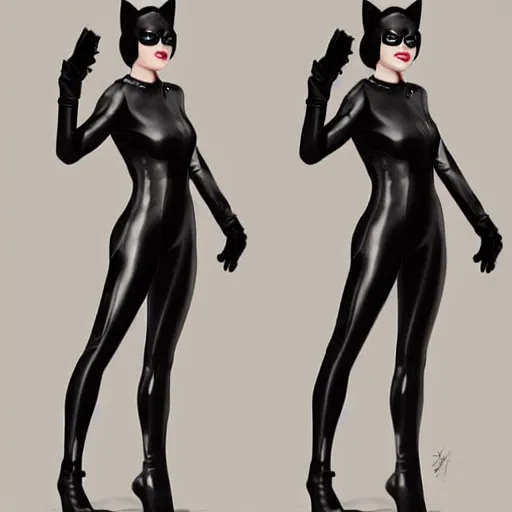 Image similar to Full-body portrait of Emma Stone as catwoman, trending on Artstation, realistic studio lighting, realistic shadows, by Jason Chan