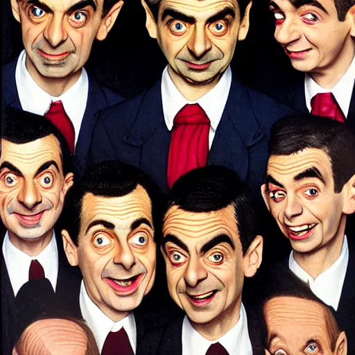 Image similar to mr. bean in a boy band and everyone is mr. bean hyperrealism photo - realistic by norman rockwell and 8 k