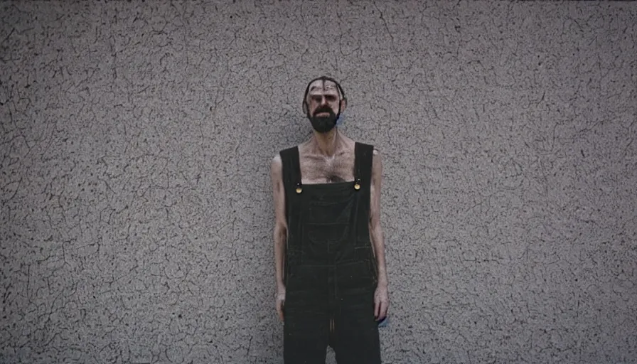 Image similar to far view, extremely skinny malnourished purple thanos with long beard, wearing dirty overalls, dirty greasy face, grin, portrait, close up, kodak gold 2 0 0, 5 0 mm,