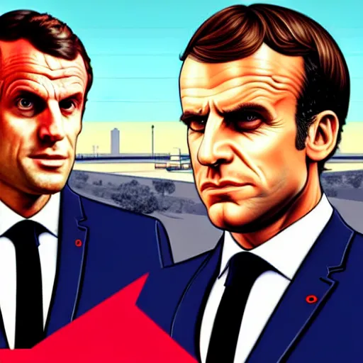 Image similar to emmanuel macron in a gta v cover art by stephen bliss