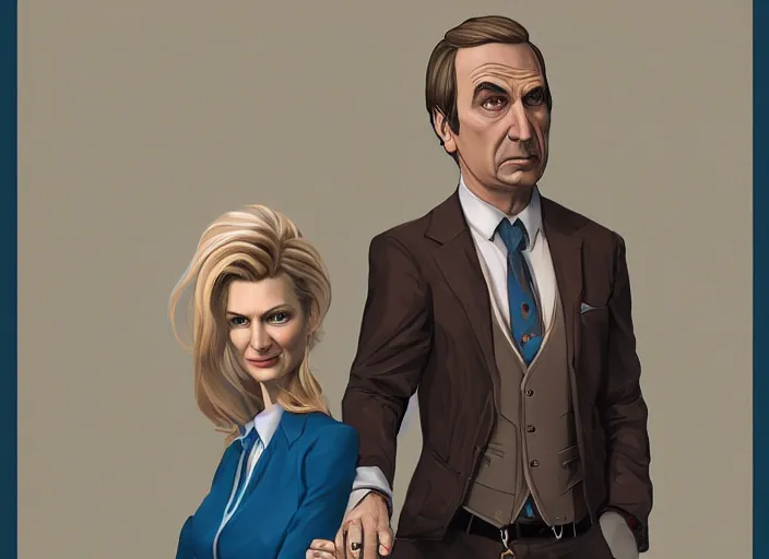 Image similar to kim wexler and saul goodman, ilustration by wanda gag, extremely detailed artstation, for aaa game, high quality, adobe ilustrator, behance