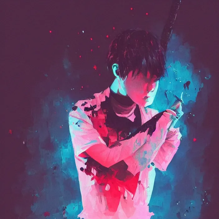 Image similar to a young korean man wearing black t shirt plays electric guitar on stage, dramatic lighting, glowy, matte colors, fascinating music, by conrad roset, dramatic brush painting, trending on artstation