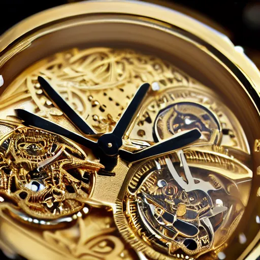 Image similar to close up of a gold wrist watch, intricate, complex, high detail