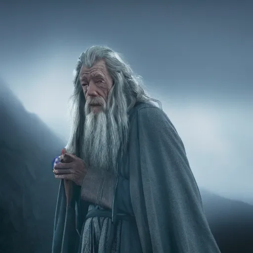 Image similar to landscape photo of ian mckellen as gandalf in a dark hood walking, arial shot, highly detailed, cinematic shot, cinematic lighting, 8 k, painting by john martin pandemonium, chiaroscuro, dark painting.