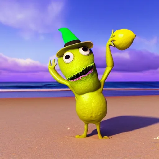 Prompt: 3 d render, of anthropomorphic lemon character looks like a monster from the movie وmonsters inc, with lemon skin texture, he is wearing a hat, building a sandcastle on the beach at sunset, beach, huge waves, sun, clouds, long violet and green trees, rim light, cinematic photography, professional, sand, sandcastle, volumetric lightening