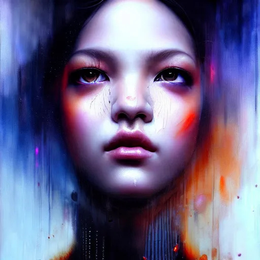 Image similar to blackpink, hyperrealistic portrait, bladerunner street, by karol bak and agnes cecile, fantasy art, photo realistic, dynamic lighting, artstation, poster, volumetric lighting, very detailed face, intricate complexity, rule of thirds, 8 k, award winning