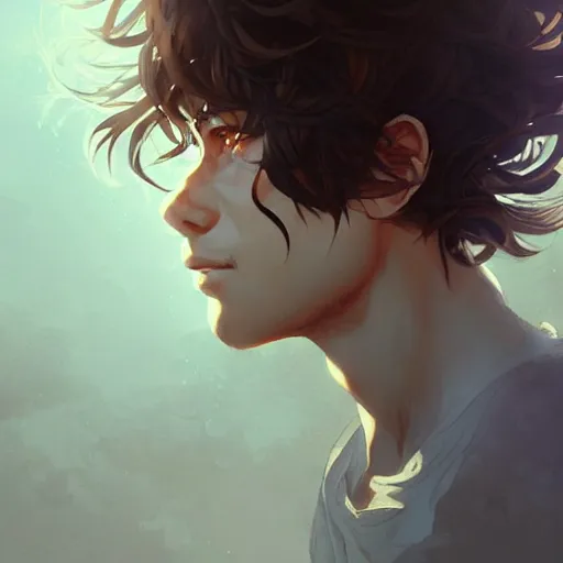 Image similar to Portrait of man with Tousled Curls type hair and Brown Indonesian-type skin, atmospheric lighting, intricate detail, cgsociety, ambient light, dynamic lighting, anime style by Yusuke Kozaki