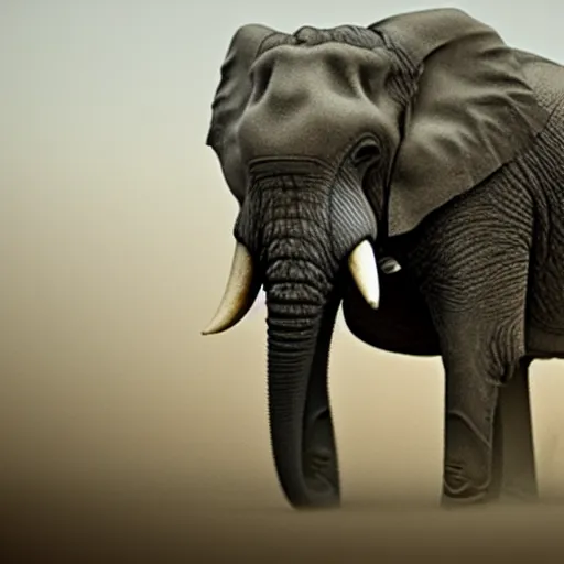 Prompt: an elephant crumbles and turns into dust that disperses in the air, photorealistic