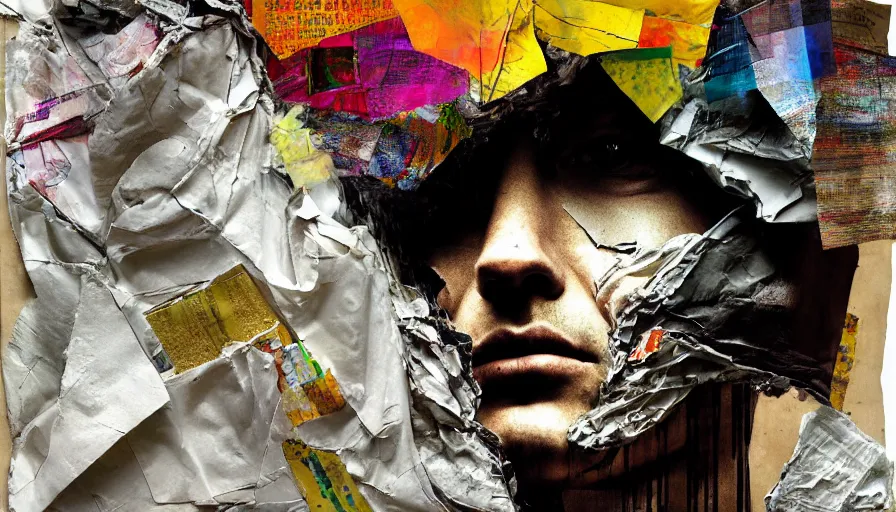 Prompt: rendered in blender slit - scan photography trash bag on his head and crumpled paper as a texture, collage paper and tape, acrylic on canvas, hyperrealism mixed with expressionism, high resolution, cinematic, unreal 6, breathtaking detailed, by blake neubert