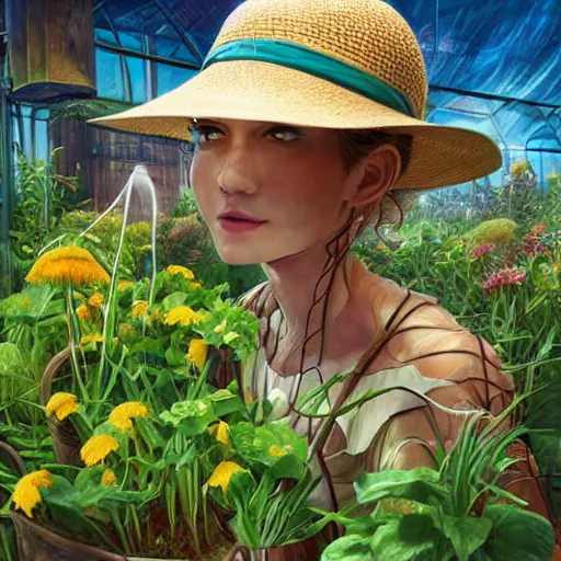 Prompt: slightly rusty nonhuman robot gardener in a straw hat, waters flowers, highly detailed, texture, background greenhouse, mild dreamy professional lighting, digital art, smooth, sharp focus, illustration, wide angle shot, full body visible, art by artgerm, by rutkowsky, from Treasure Planet,