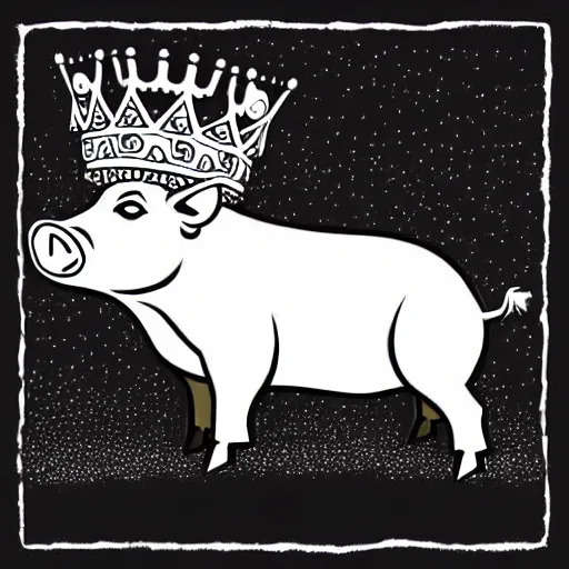 Image similar to standing pig wearing a gold crown on it's head black and white illustration concept art in the style of Arthur Adams, full body 8k