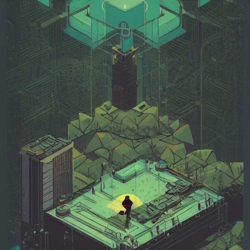 Image similar to Stunning isometric illustration of single cyberpunk explorer overlooking lush forest , highly detailed, midnight, small glowing orbs by Victo Ngai and James Gilleard , Moebius, Laurie Greasley