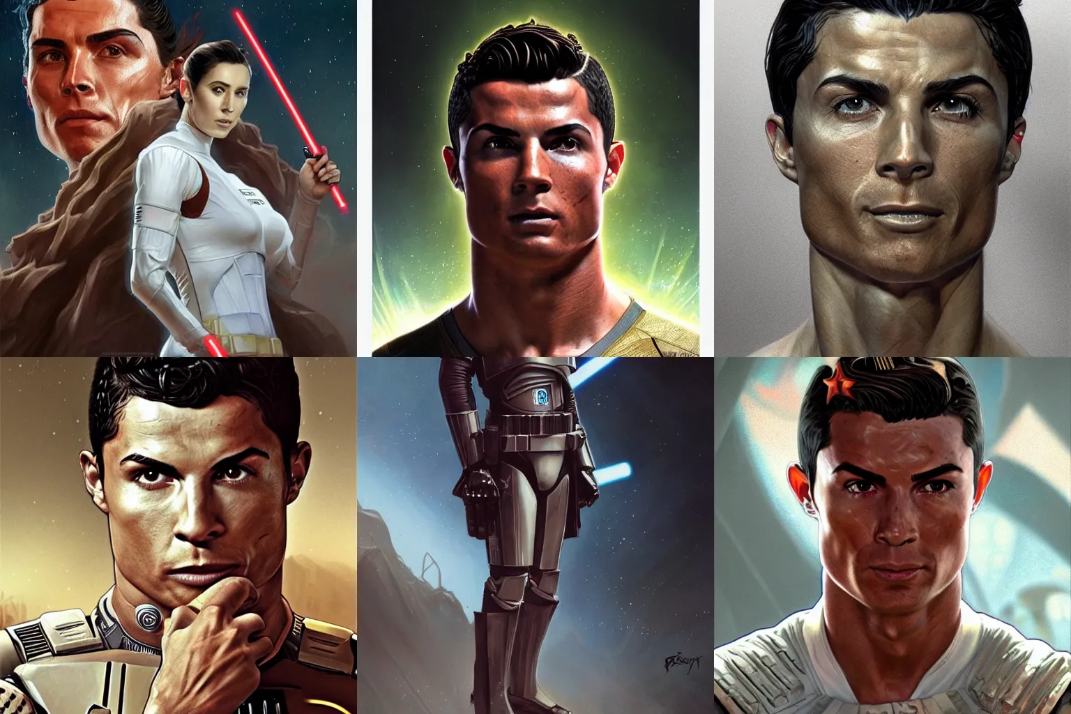 Prompt: cristiano Ronaldo Star Wars movie character, highly detailed, digital fantasy character, painted portrait, artstation, concept art, hard focus, illustrations, works by artgerm and Greg Rutkowski, Alphonse Mucha and Craig Mullins, James Jean, Andrey Ryabovichev, Mark Simonetti and Peter Morbacher, 16k,