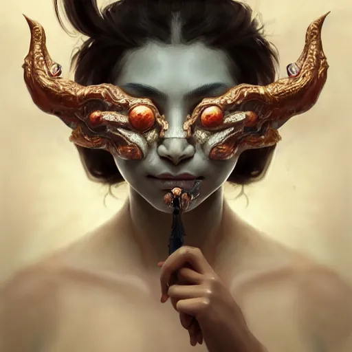 Image similar to Portrait of a girl with oni-half-mask smoke coming out of the nostrils, face, fantasy, intricate, elegant, highly detailed, digital painting, artstation, concept art, smooth, sharp focus, illustration, art by Wei Fan and Fernanda Suarez and Artem Demura and alphonse mucha