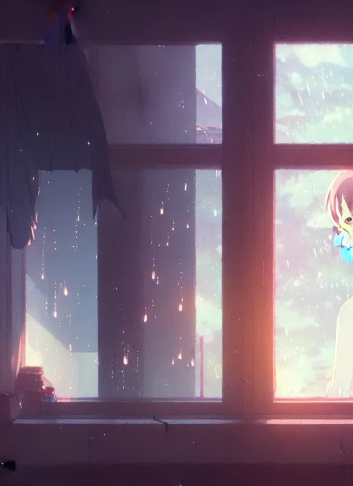 Image similar to interior, near the window, rainy outside, illustration concept art anime key visual trending pixiv fanbox by wlop and greg rutkowski and makoto shinkai and studio ghibli