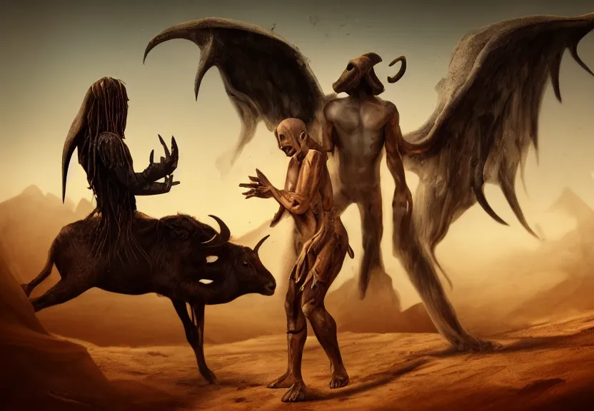 Prompt: angel vs demon, terrific jinn demon in middle of desert with hoof on his feet and goat face with long cloth afraid of beautiful powerful angel, epic angel, wporfull angel, good vs evil, atmosphere, harsh lighting, cinematic lighting,, award wining art, artstation, high details, concept art, 4 k