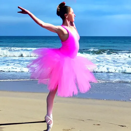 Prompt: Photo of a Sasquatch ballerina at the beach wearing a pink tutu