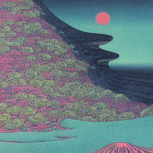 Prompt: alien landscape from another dimension, katsushika hokusai, beksinski, high details, colorful