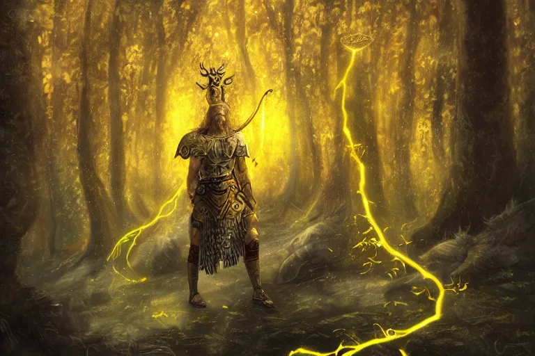 Image similar to mythological warrior viking Shaman of artificial intelligence creating an artificial neural network with yellow synapses on an anvil, dark mystical forest in the background, high resolution, award winning art, trending on art station, sharp image, incredibly detailed, detailed character realistic painting,